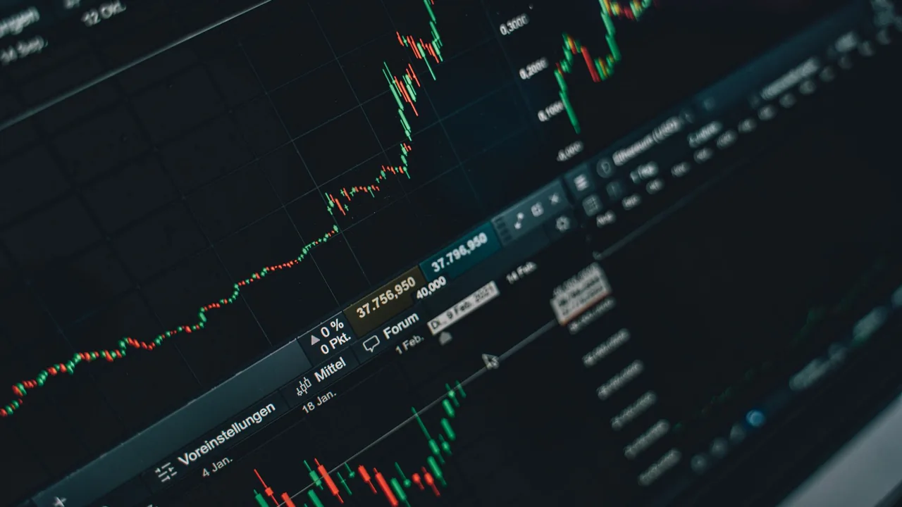 A stock market price chart with green and red candles on a screen
